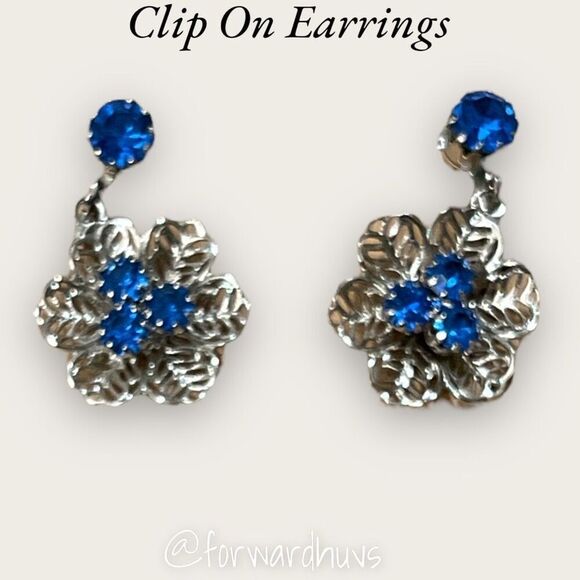 Vintage Silvertone Clip-On Earrings with Blue Rhinestones - Picture 1 of 7